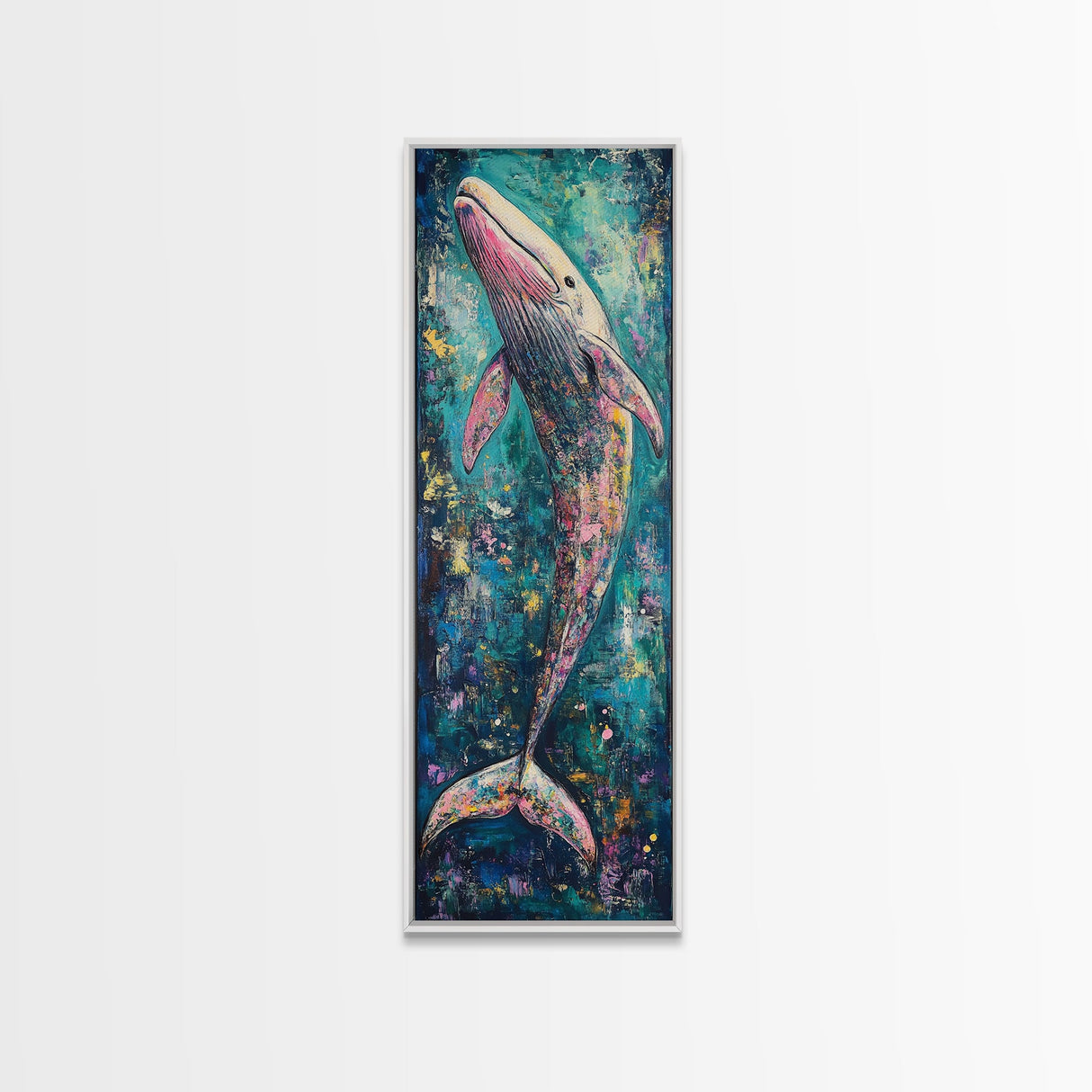 Vibrant Whale, Whale Painting, Coastal Decor, Nautical Wall Art, Blue and Green Wall Art, Skinny Wall Art, Framed Canvas Print
