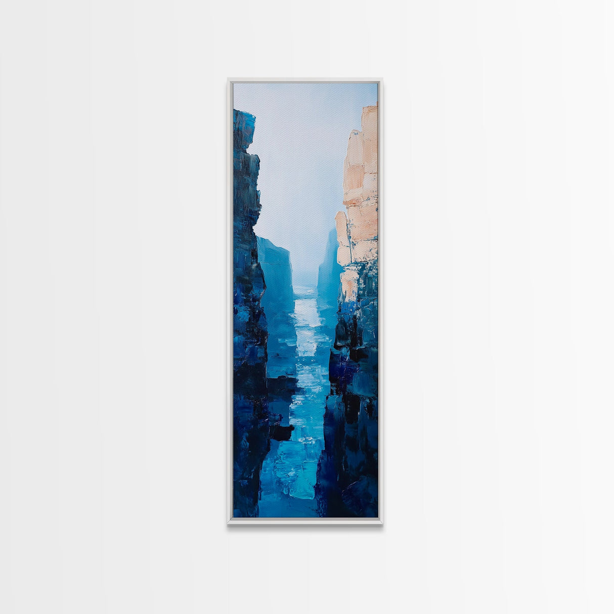 Canyon River View, landscape painting, blue and green wall art, nature lover gift, wabi sabi art, framed canvas print, vertical wall art
