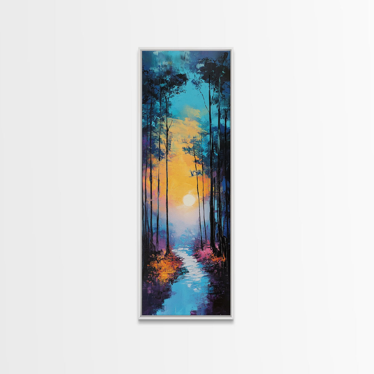 Forest Moon, moody art, framed canvas print, forest at dusk painting, pine tree art, above bed wall art, rustic decor, wall decor