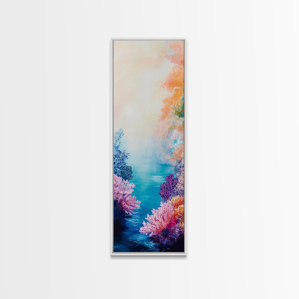 Coral Reef, dolphin painting, blue and green wall art, ocean painting, tropical decor, tall skinny art, coastal decor, canvas print