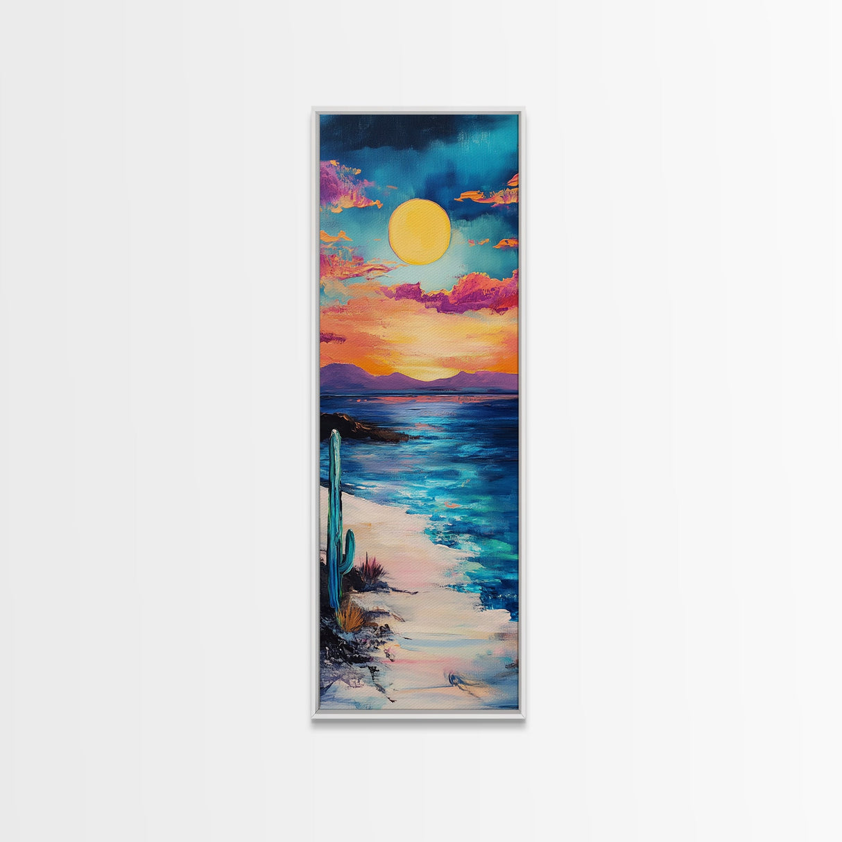 Desert Sunset, cactus painting, southwest wall art, coastal landscape art, framed canvas print, panoramic art