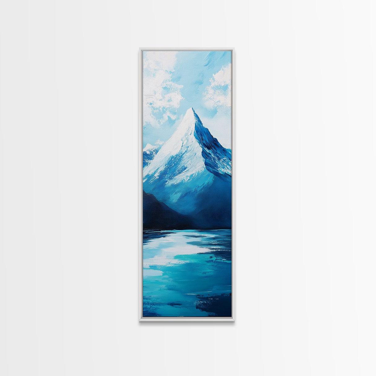 Snowy peak, mountain painting, landscape painting, blue and green wall art, panoramic art, framed canvas print, above sofa art