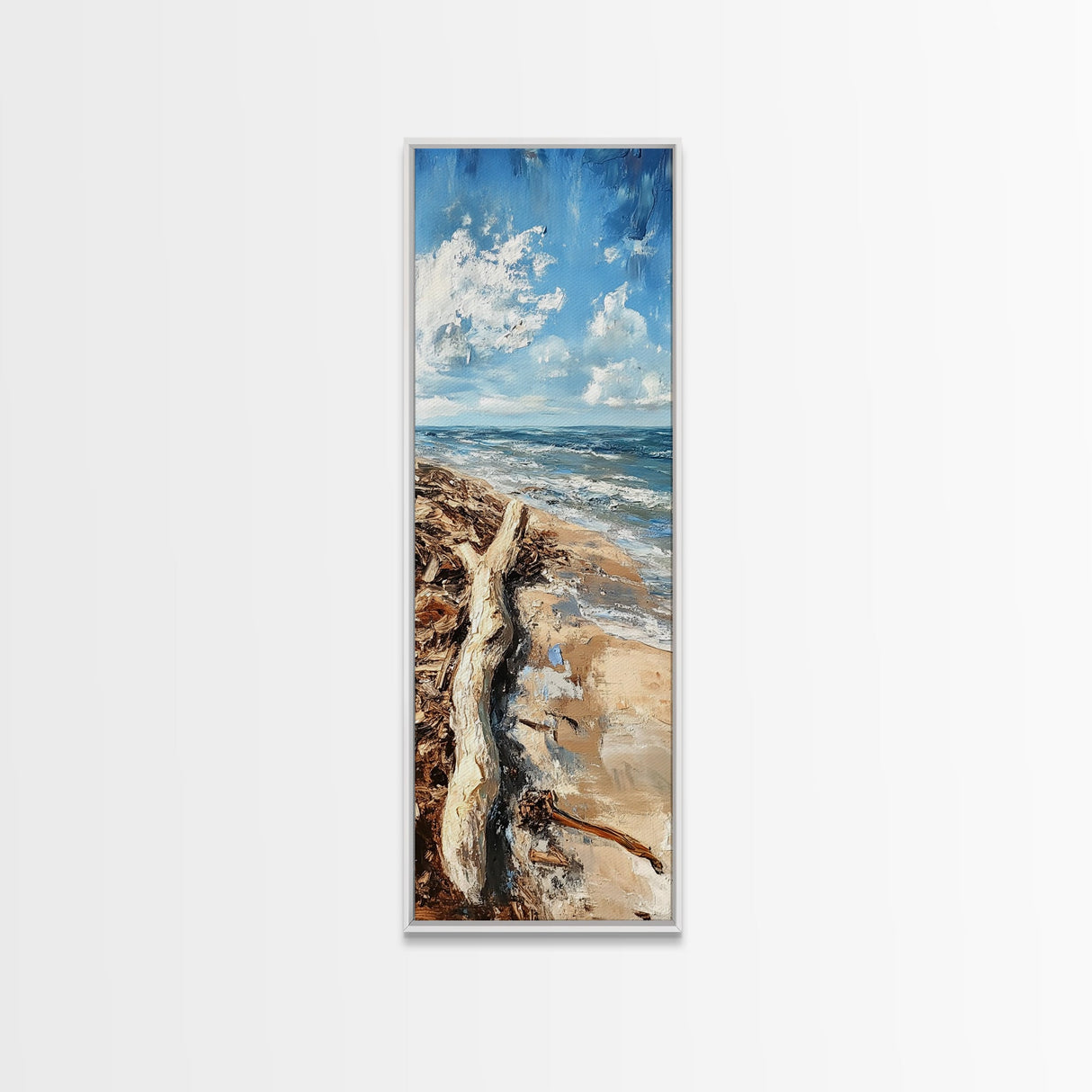 Driftwood beach, coastal landscape art, seascape painting, nautical decor, lake Tahoe art, framed canvas print, rustic wall art