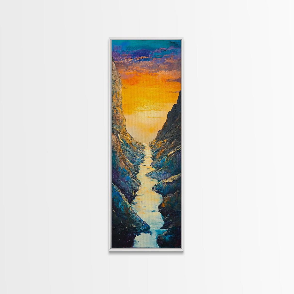 Sunset River, mountain painting, vertical wall art, nature art, framed canvas print, above sofa art, extra wide art, rustic decor