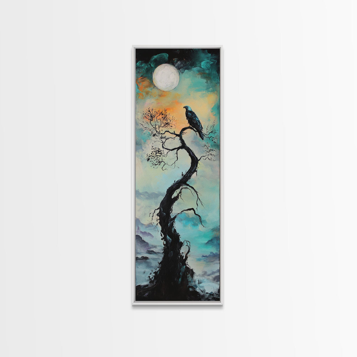 Raven Moon, dark angels wall art, framed canvas print, moody art, witch painting, gothic art, above bed wall art, celestial painting