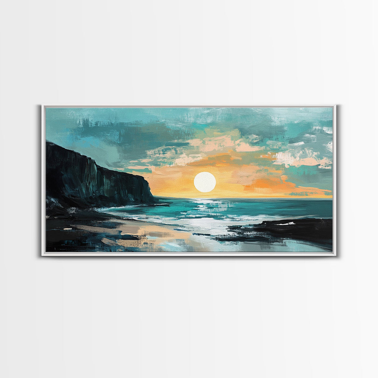 Sunset Cliffs, nautical wall art, coastal painting, surf wall art, panoramic art, above couch art, boho art, Framed Canvas Print