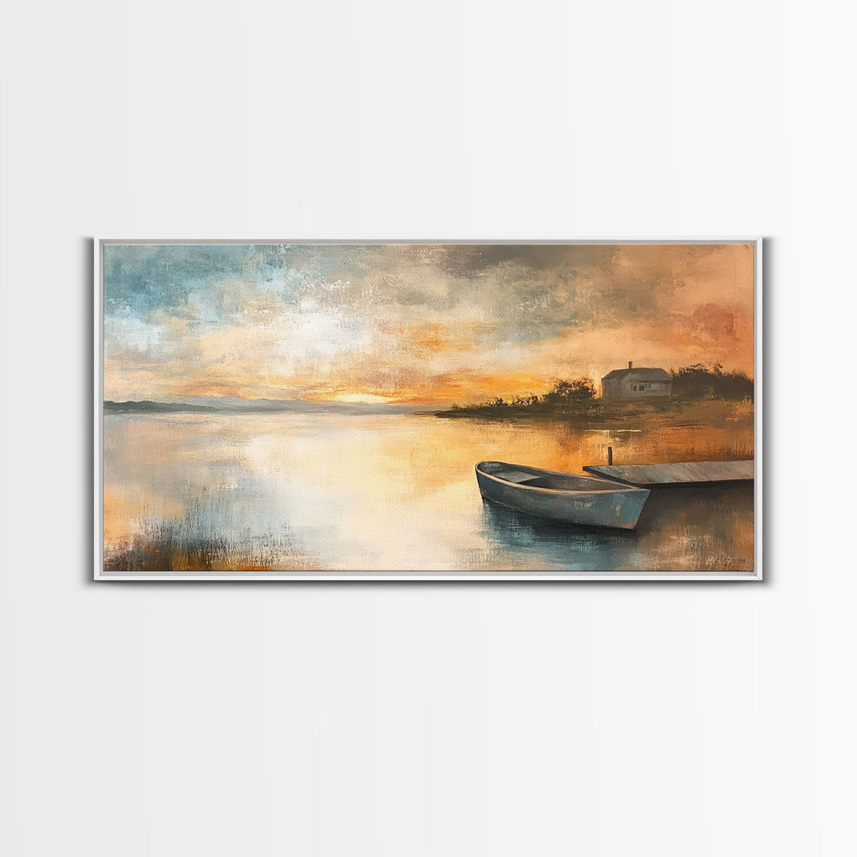 Sunset Reflection, lake painting, rustic decor, nautical painting, seascape painting, extra wide art, Canvas Print, landscape painting