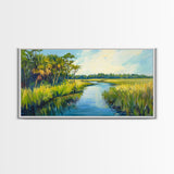 Marshland View, palm tree painting, tropical landscape, coastal decor, green wall art, rustic wall art, Framed Canvas Print