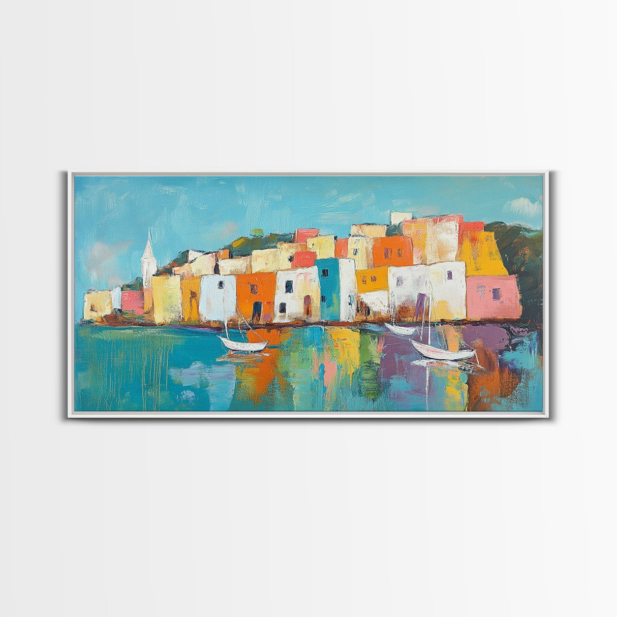 Mediterranean Village, coastal painting, Italy art, colorful homes, seascape painting, extra wide art, Canvas Print, panoramic art