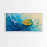 Leaf in Water, blue and green wall art, coastal decor, wabi sabi art, extra wide art, panoramic painting, Canvas Print, gift idea