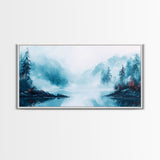 Misty Mountains, pine tree art, wabi sabi wall art, smoky mountain art, panoramic painting, nature painting, Framed Canvas Print