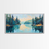 Tranquil Lake, pine tree art, landscape painting, smoky mountain art, panoramic painting, nature painting, Framed Canvas Print