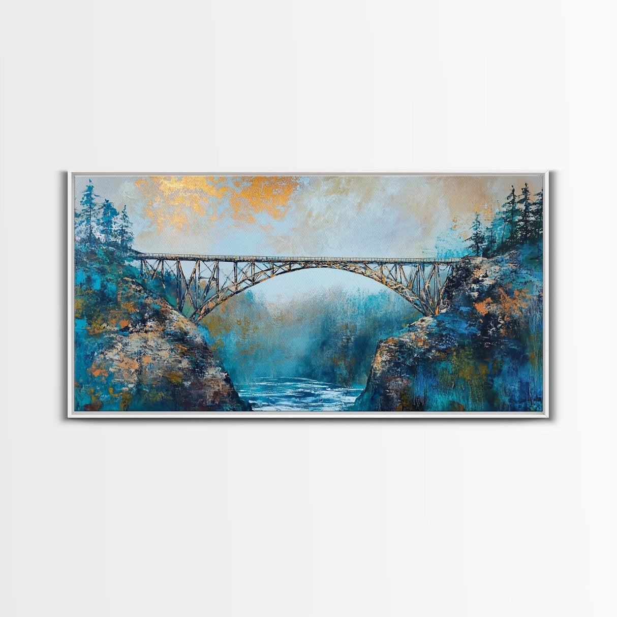 Steel Bridge, landscape painting, mountain painting, panoramic painting, framed canvas print, blue and green wall art