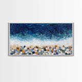 Pebble Beach, mosaic wall art, coastal decor, ocean painting, nautical decor, panoramic painting, framed canvas print