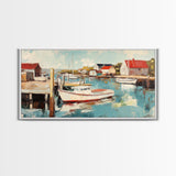 Harbor Boats, Nantucket painting, coastal painting, nautical wall art, fisherman painting, framed canvas print, extra wide art