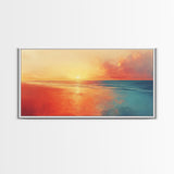 Sunset Ocean, pink orange wall art, coastal landscape art, moody art, extra wide art, panoramic painting, framed canvas print