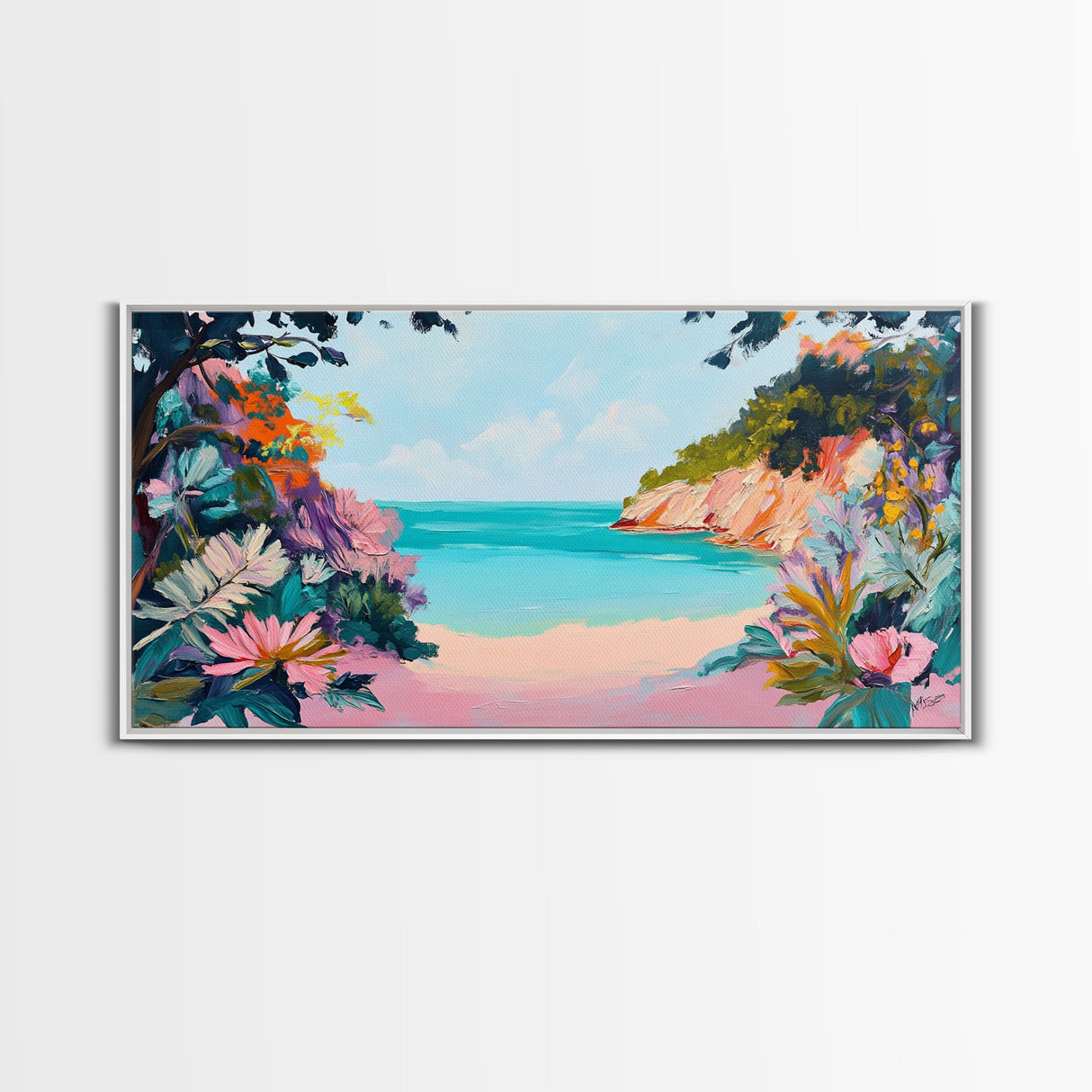 Tropical Beach, coastal wall art, Hawaii art, pink orange wall art, extra wide art, panoramic painting, framed canvas print