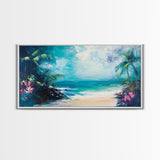 Tropical Beach, Framed Canvas Print, coastal painting, palm tree painting, Hawaii art, nautical decor, coastal wall art
