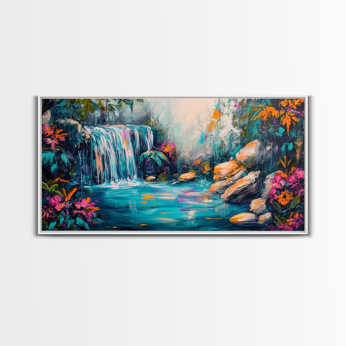 Vibrant Waterfall, Canvas Print, landscape painting, moody art, tropical art, teal wall art, extra wide art, rustic decor