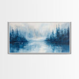 Misty Lake Scene, Moody Art, Pine Tree Art, Landscape Painting, Framed Canvas Print, Bedroom Art, Above Bed Wall Art