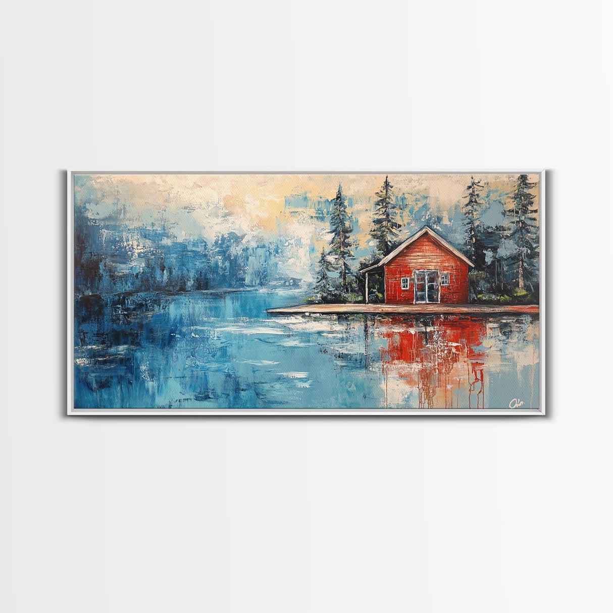 Red Cabin Painting, Lake Tahoe Art, Rustic Wall Art, Barn Landscape Oil Painting, Framed Canvas Print, Above Couch Art, Bedroom Art
