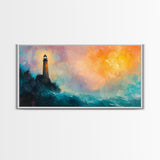 Lighthouse Sunset, coastal painting, nautical wall art, seascape painting, lighthouse art, framed canvas print, panoramic art