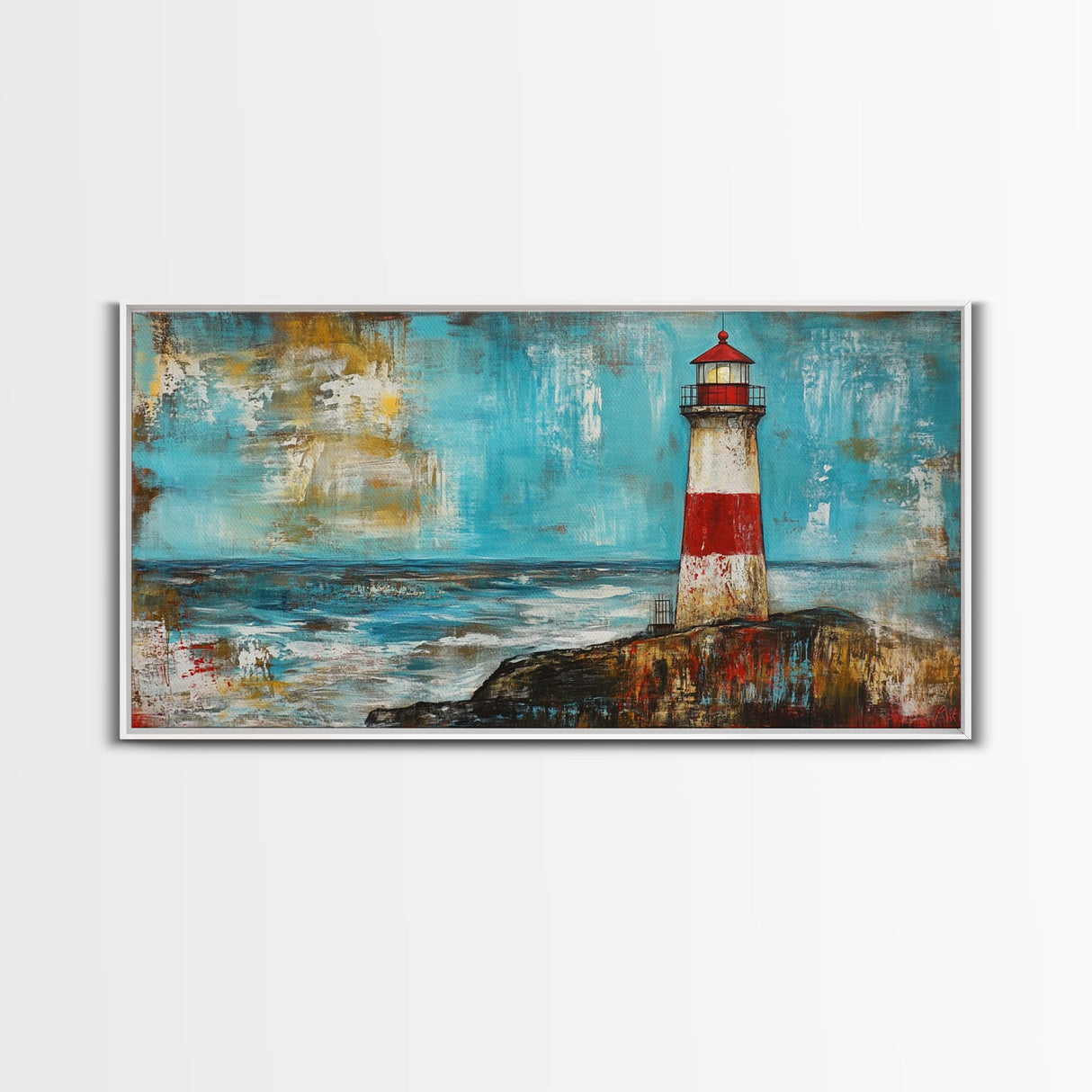 Red Lighthouse, nautical painting, coastal wall art, beach house decor, ocean painting, framed canvas print, above couch art