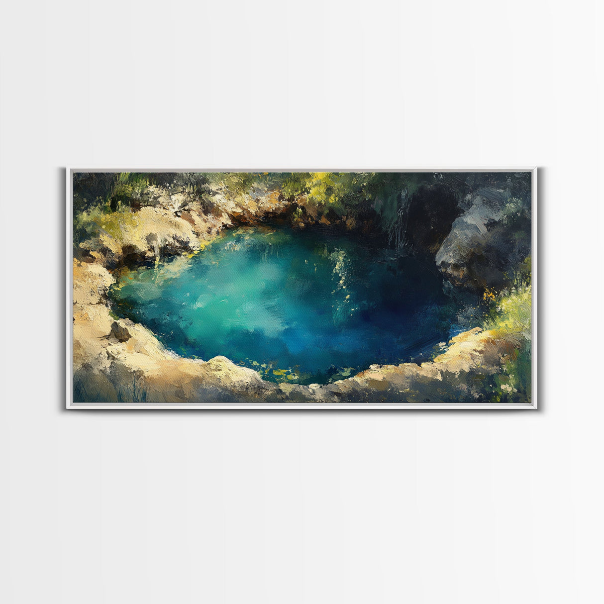 Hidden Lagoon Painting, landscape painting, blue and green wall art, wabi sabi wall art, framed canvas print, nature painting