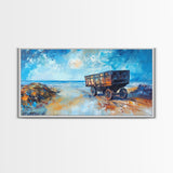 Rustic Wagon, coastal landscape art, framed canvas print, vintage horse art, farmhouse art, extra wide art, panoramic painting