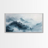 Misty Mountain, chinoiserie wall art, framed canvas print, zen wall art, mountain painting, panoramic painting, extra wide art