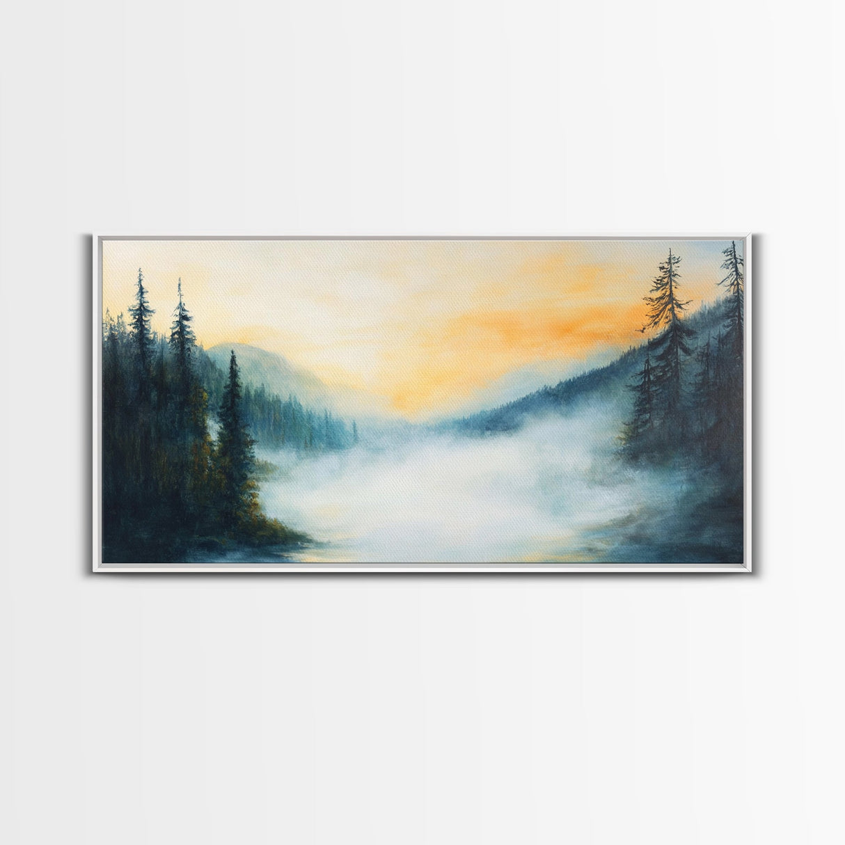 Foggy Pines, smoky mountain art, framed canvas print, forest at dusk painting, pine tree art, above bed wall art, rustic decor