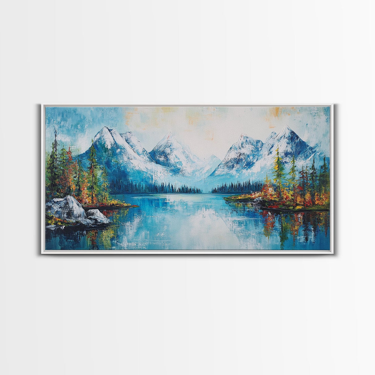 Snowy Peaks, mountain painting, framed canvas print, landscape painting, extra wide art, rustic wall art, above bed wall art
