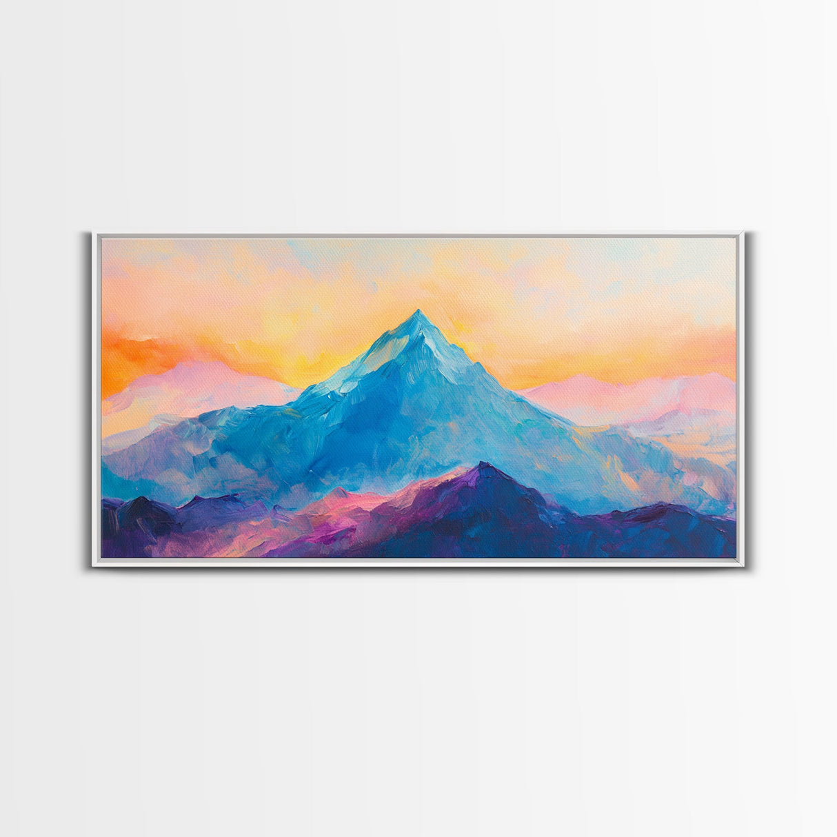 Blue Mountain, Sunset Landscape, Panoramic Art, Canvas Print, Mountain Painting, Pink Orange Wall Art, Extra Wide Art, Living Room Art