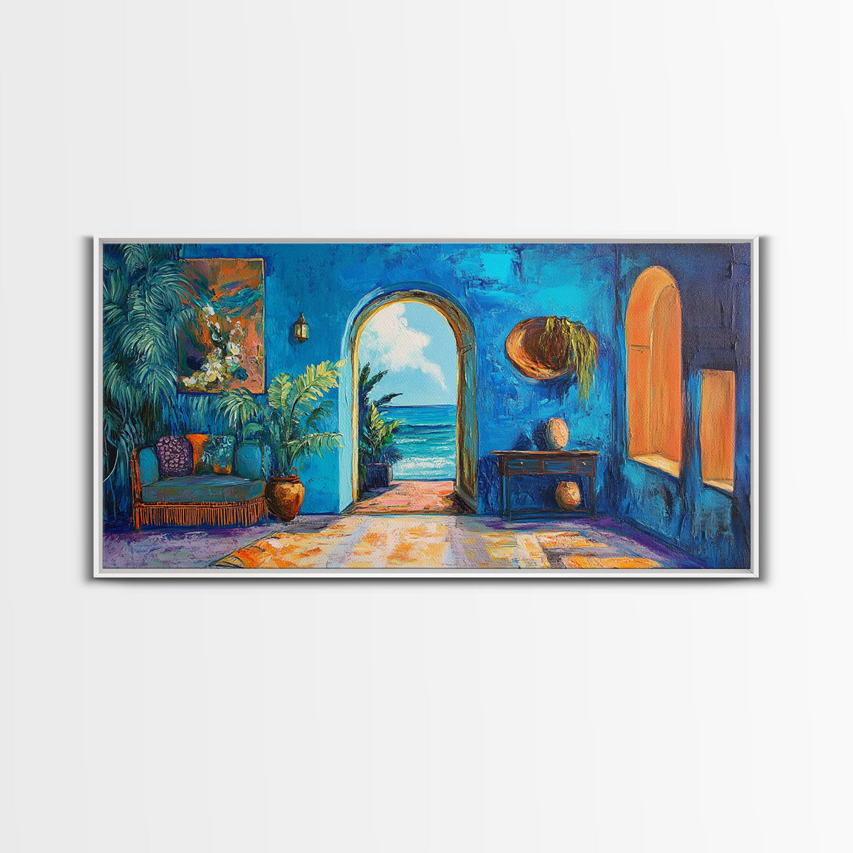 Moroccan Archway, Coastal Decor, Canvas Print, Moroccan Wall Art, Nautical Painting, Coastal Painting, Boho Art, Ocean View