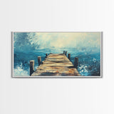 Rustic Dock, Nautical Wall Art, Framed Canvas Print, Coastal Landscape Art, Ocean Painting, Seascape Painting, Extra Wide Art