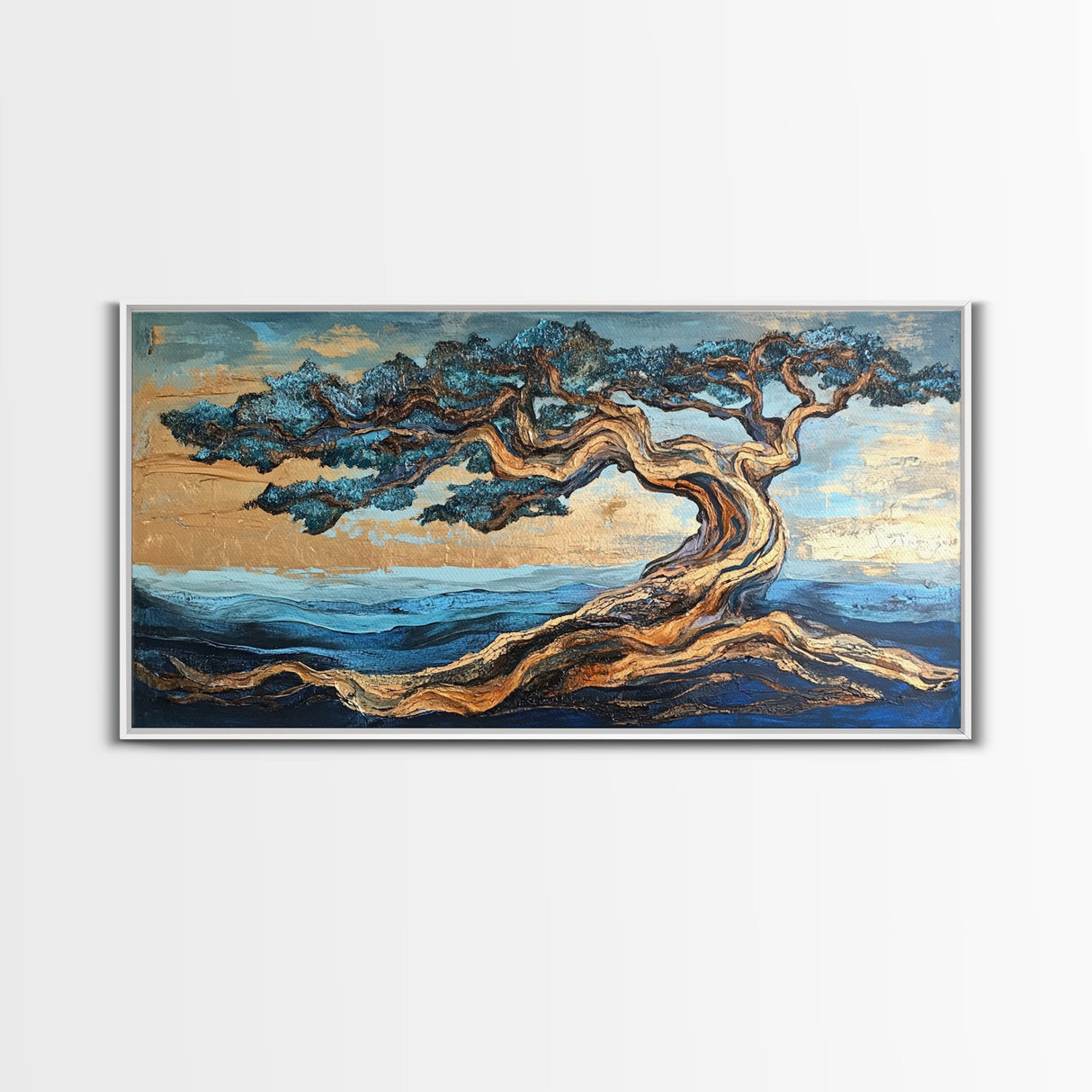 Twisted Tree, Oak Tree Art, Canvas Print, Coastal Landscape Art, Nature Painting, Rustic Wall Art, Blue And Green Wall Art