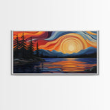 Sunset Lake, Mountain Painting, Framed Canvas Print, Pine Tree Art, Pink Orange Wall Art, Rustic Art, Landscape Painting