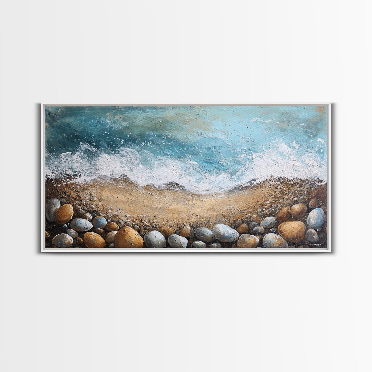 Oyster painting, coastal decor, framed canvas print, seascape painting, nautical wall art, extra wide art, textured beach painting