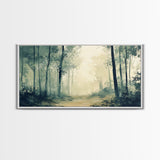 Foggy Forest Path, forest at dusk painting, pine tree art, wabi sabi art, moody art, extra wide art, rustic wall art, Canvas Print