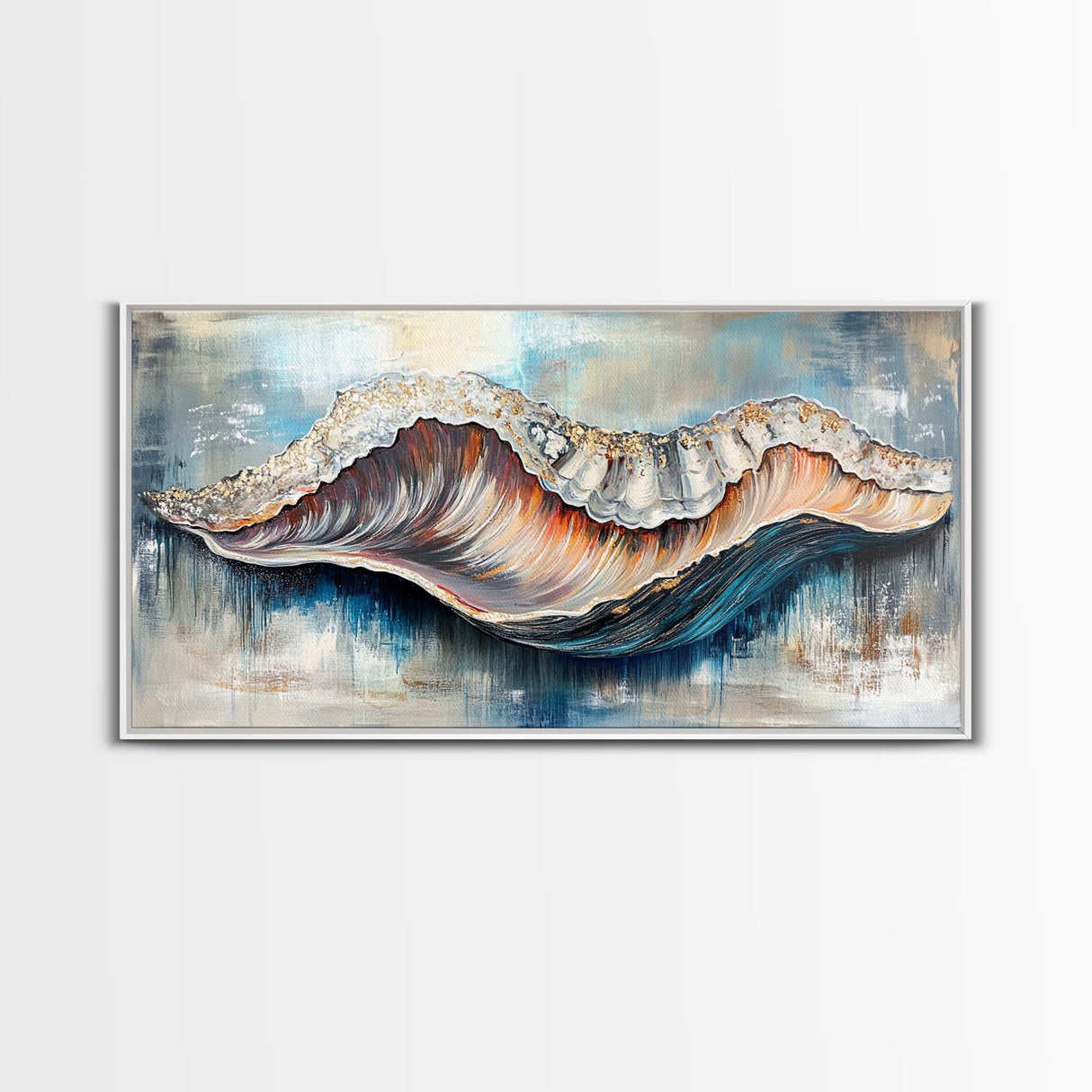 Oyster Shell, coastal painting, framed canvas print, nautical decor, oyster wall art, blue and green wall art, extra wide art