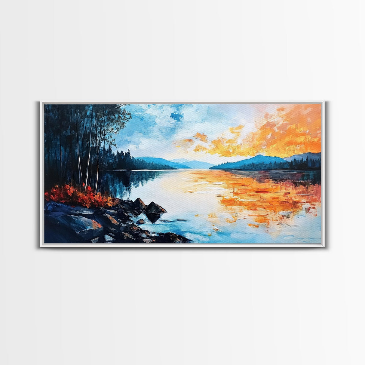 Sunset Lake Reflection, panoramic art, landscape painting, framed canvas print, mountain painting, extra wide art