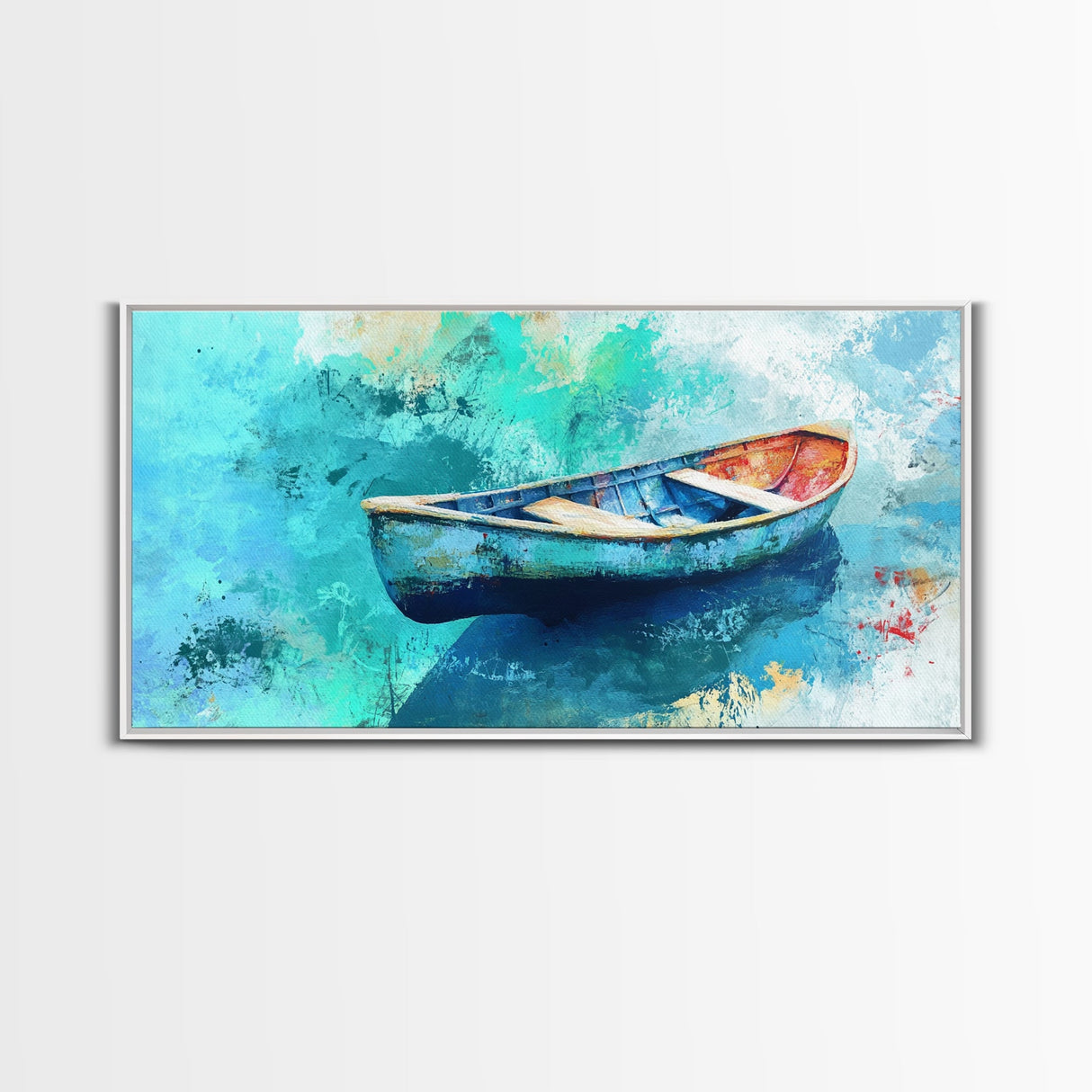 Floating Boat, teal watercolor, impressionist seascape, peaceful ocean, nautical painting, Canvas Print, coastal decor, rustic art
