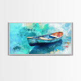 Floating Boat, teal watercolor, impressionist seascape, peaceful ocean, nautical painting, Canvas Print, coastal decor, rustic art