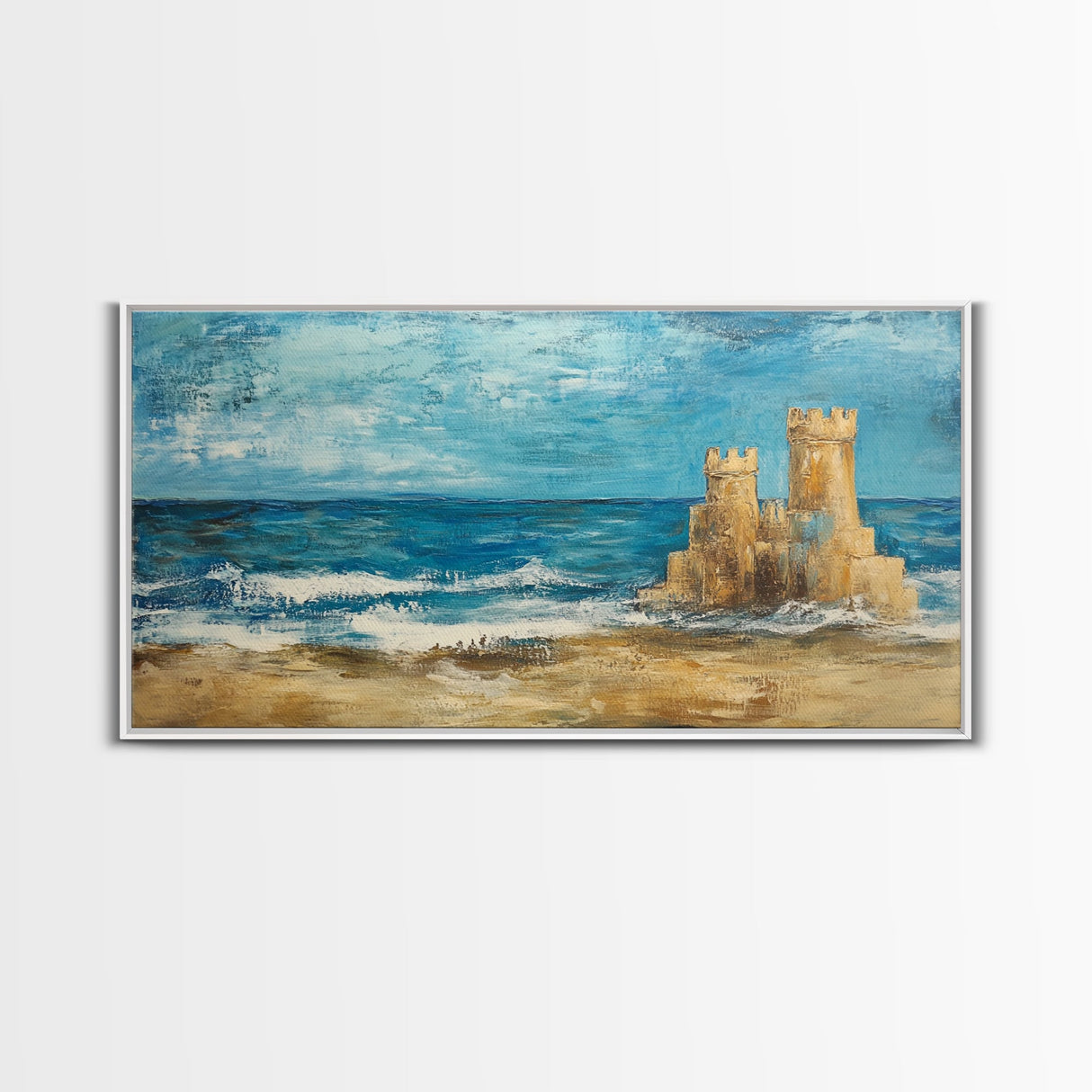 Sandcastle Painting, Coastal Decor, Beach House Wall Art, Nautical Painting, Framed Canvas Print, Seascape Art, Ocean Wave Painting
