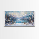 Lake Tahoe Art, Snowy Landscape, Winter Cabin Decor, Framed Canvas Print, Blue and Green Wall Art, Horizontal Wall Art