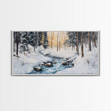 Birch Tree Painting, Snowy River Art, Winter Landscape, Framed Canvas Print, Farmhouse Art, Wabi Sabi Art, Tall Narrow Art