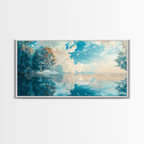 Reflective Lake Art, Tranquil Landscape, Wabi Sabi Art, Framed Canvas Print, Minimalist, Above Bed Wall Art, Panoramic Painting