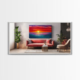 Red Couch, Sunset Painting, Above Sofa Art, Coastal Wall Art, Beach Decor, Panoramic Art, Framed Canvas Print, Living Room Art