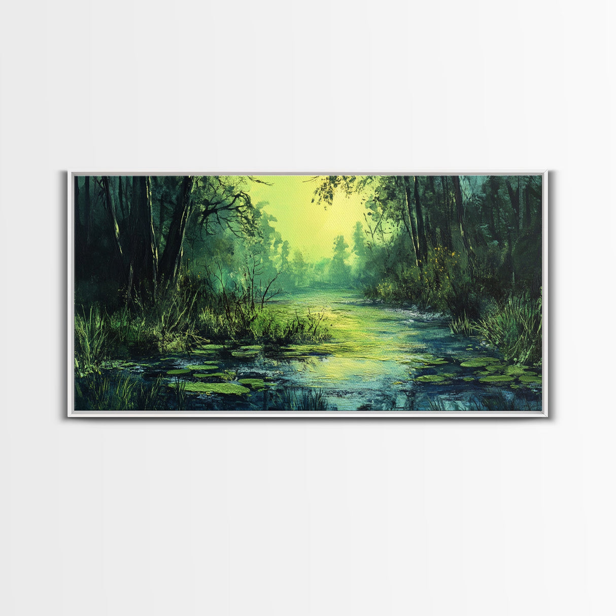 Forest Lagoon, green wall art, nature landscape painting, botanical prints, wabi sabi art, extra wide art, Framed Canvas Print