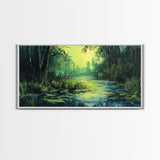 Forest Lagoon, green wall art, nature landscape painting, botanical prints, wabi sabi art, extra wide art, Framed Canvas Print
